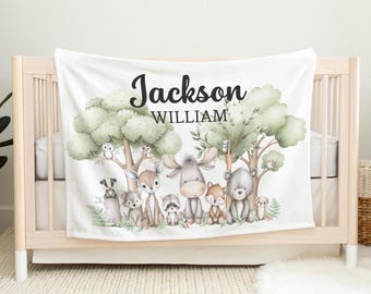 Personalized Woodland Baby Blanket – Forest Animals & Trees | Custom Name Blanket | Newborn Gift | Woodland Nursery Decor | Baby Shower Gift