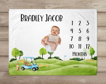 Golf Milestone Blanket, Personalized Baby Boy Name Blanket, Monthly Growth Tracker, Wildflowers, Newborn Gift, Baby Shower Gift, Baby Boy,