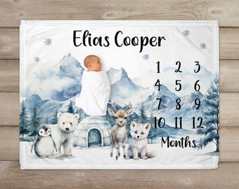 Arctic Animals Milestone Blanket, Personalized Baby Name Blanket, Polar Bear Penguin, Mountains, Monthly Growth Tracker, Baby Shower Gift,