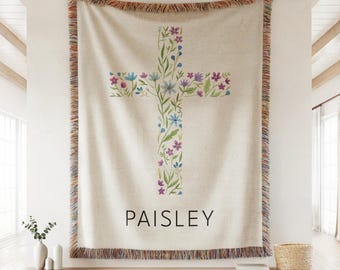 Personalized Baptism Baby Blanket, Baptism Christening Baby Gift, Blanket for Girl, Floral Cross, Woven Baby Blanket, Gift from Godparents,