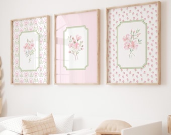 Set of 3 Floral Nursery Print, Grand Millennial Baby Girl Room Decor, Floral Wall Art, Botanical Prints, Pink Green Decor, Livingroom Print,