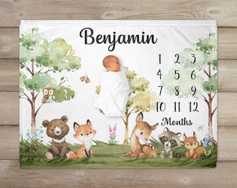 Personalized Woodland Milestone Blanket, Baby Boy Name Blanket, Monthly Growth Tracker, Woodland Animals, New Baby Gift, Baby Shower Gift,