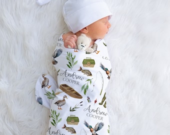 Fishing Swaddle, Custom Baby Boy Adventure Awaits Name Blanket, Outdoors Receiving Swaddle, Newborn Gift, Baby Shower Gift, New Mom Gift,