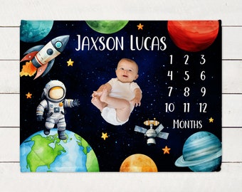 Personalized Space Rocket Milestone Blanket, Custom Baby Boy Astronaut Blanket, Newborn Gift, Baby Shower Gift, Monthly Growth Tracker,
