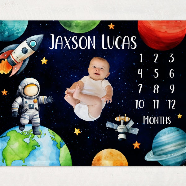 Personalized Space Rocket Milestone Blanket, Custom Baby Boy Astronaut Blanket, Newborn Gift, Baby Shower Gift, Monthly Growth Tracker,