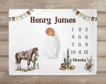Western Cowboy Milestone Blanket, Personalized Baby Blanket, Monthly Chart Blanket, Rodeo Cowboy Boots Hat, New Baby Gift, Baby Shower Gift,