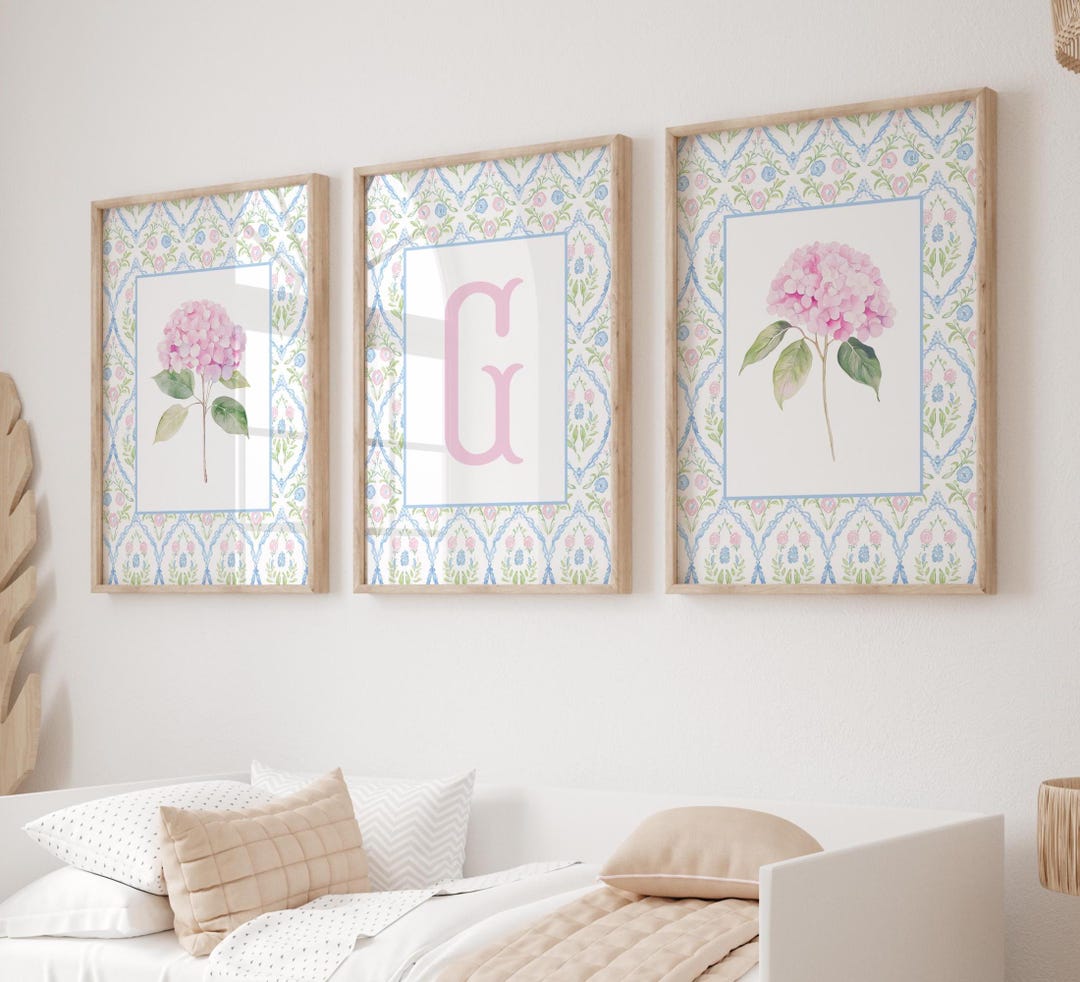 Set of 3 Pink Hydrangea Prints, Chinoiserie Wall Art, Hydrangea Print, Grand Millennial Ar