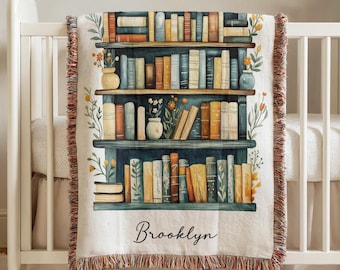 Personalized Book Lovers Woven Blanket, Books and Floral Blanket, Bookshelf Blanket Gift for Bookworm, Gift for Booklover, Throw Blanket