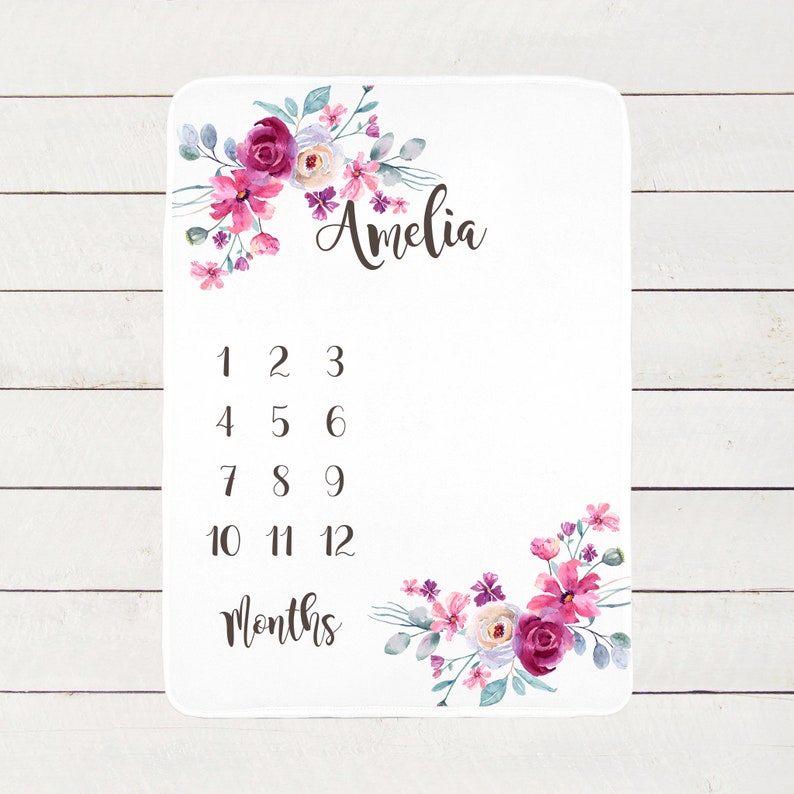 Baby Gift Personalized Pink Purple Floral Baby Girl Milestone Blanket Baby Month Blanket Swaddle Blanket Baby Month Growth Tracker
