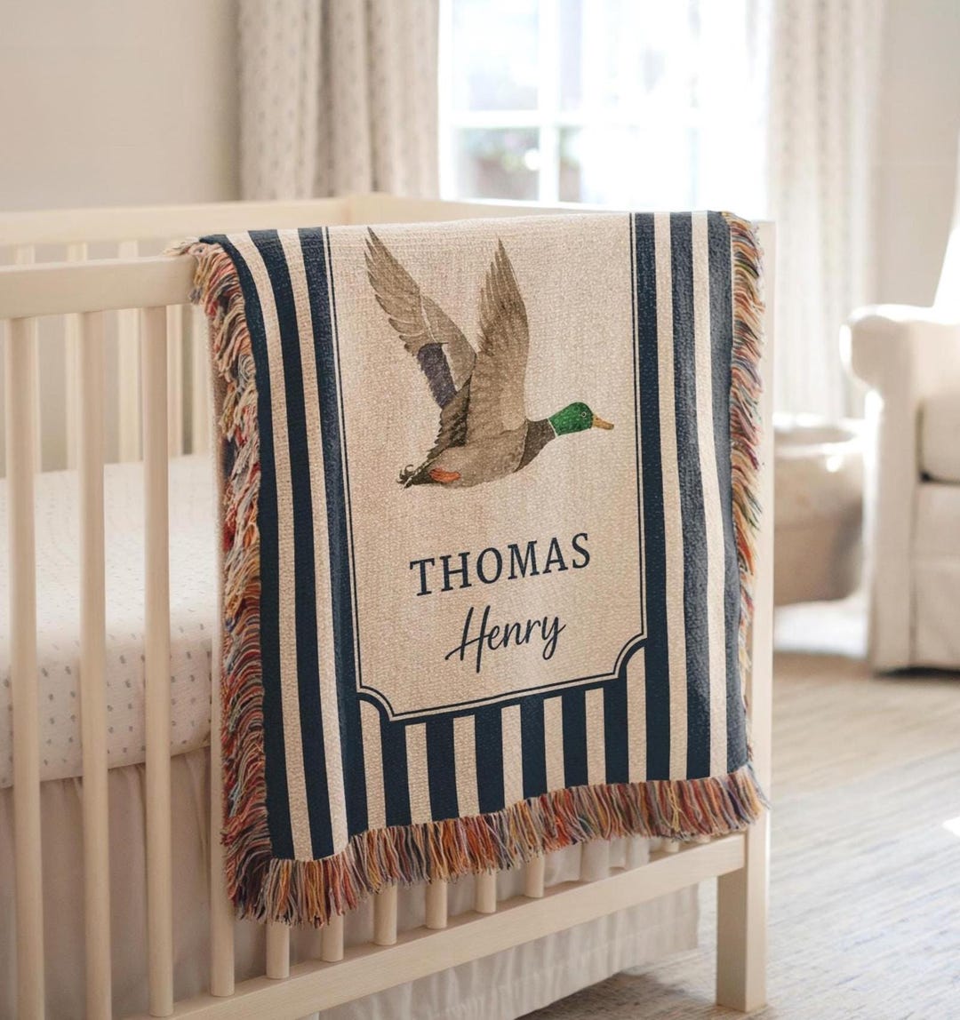 Custom Woven Mallard Duck Baby Blanket, Blue Stripes, Vintage Baby Boy ...