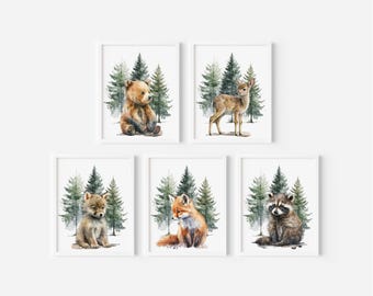 Woodland Nursery Prints, Set of 5, Forest Animals, Watercolor Art, Nursery Wall Decor, Woodland Animals, Baby Animal Prints, Gender Neutral,