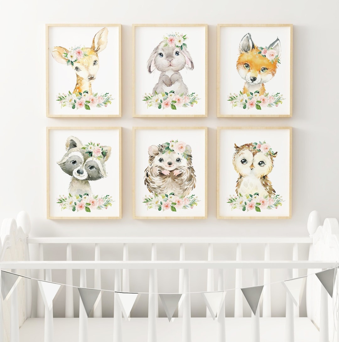 Woodland Animals Nursery Prints, Pink Floral, Set of 6, Girl Nursery ...