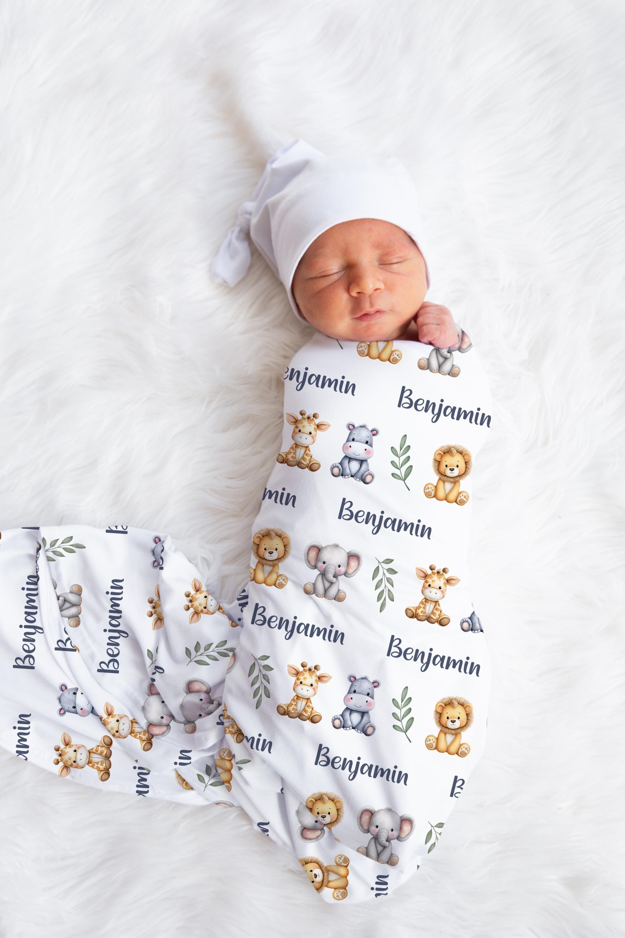 Personalized Safari Animals Baby Boy Name Blanket Custom Name Swaddle ...