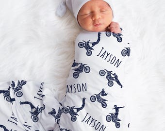 Custom Motocross Baby Name Swaddle, Personalized Baby Boy Dirt Bike Blanket, Baby Shower Gift, Motorcycle Keepsake, New Mom, Newborn Gift,