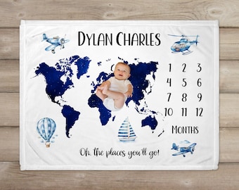 Personalized World Map Milestone Blanket, Newborn Baby Blanket, Adventure Nursery, Baby Shower Gift, Monthly Growth Tracker, New Baby Gift,