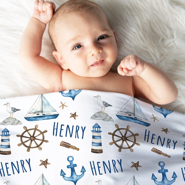 Personalized Baby Boy Nautical Swaddle Blanket, Receiving Blanket, Hospital Blanket, Sailboat Anchor, Baby Shower Gift, Baby Bedding, Ocean,