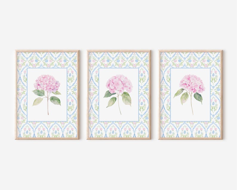 Set of 3 Pink Hydrangea Prints, Chinoiserie Wall Art, Hydrangea Print ...