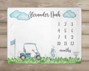Golf Milestone Blanket, Golf Blanket, Personalized Baby Blanket, Monthly Growth Tracker, Golf Nursery, Baby Shower Gift, Newborn Baby Boy,