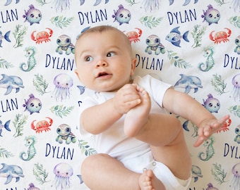 Personalized Ocean Animals Name Swaddle, Turtle Swaddle, Custom Sea Life Blanket, Boy Swaddle, New Mom Gift, Newborn Gift, Baby Shower Gift,