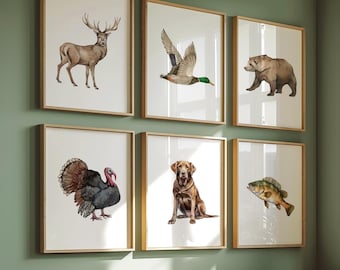 Set of 6 Hunting Nursery Prints, Mallard Duck, Chocolate Labrador Deer Bear Turkey Fish Wall Art, Hunting Dog Decor, Hunting Lover, Hunter,