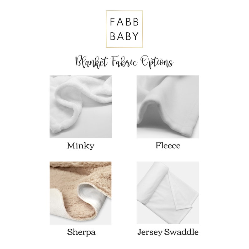 May include: Four different fabric options for baby blankets: Minky, Fleece, Sherpa, and Jersey Swaddle. Each fabric is shown as a close-up of the texture.