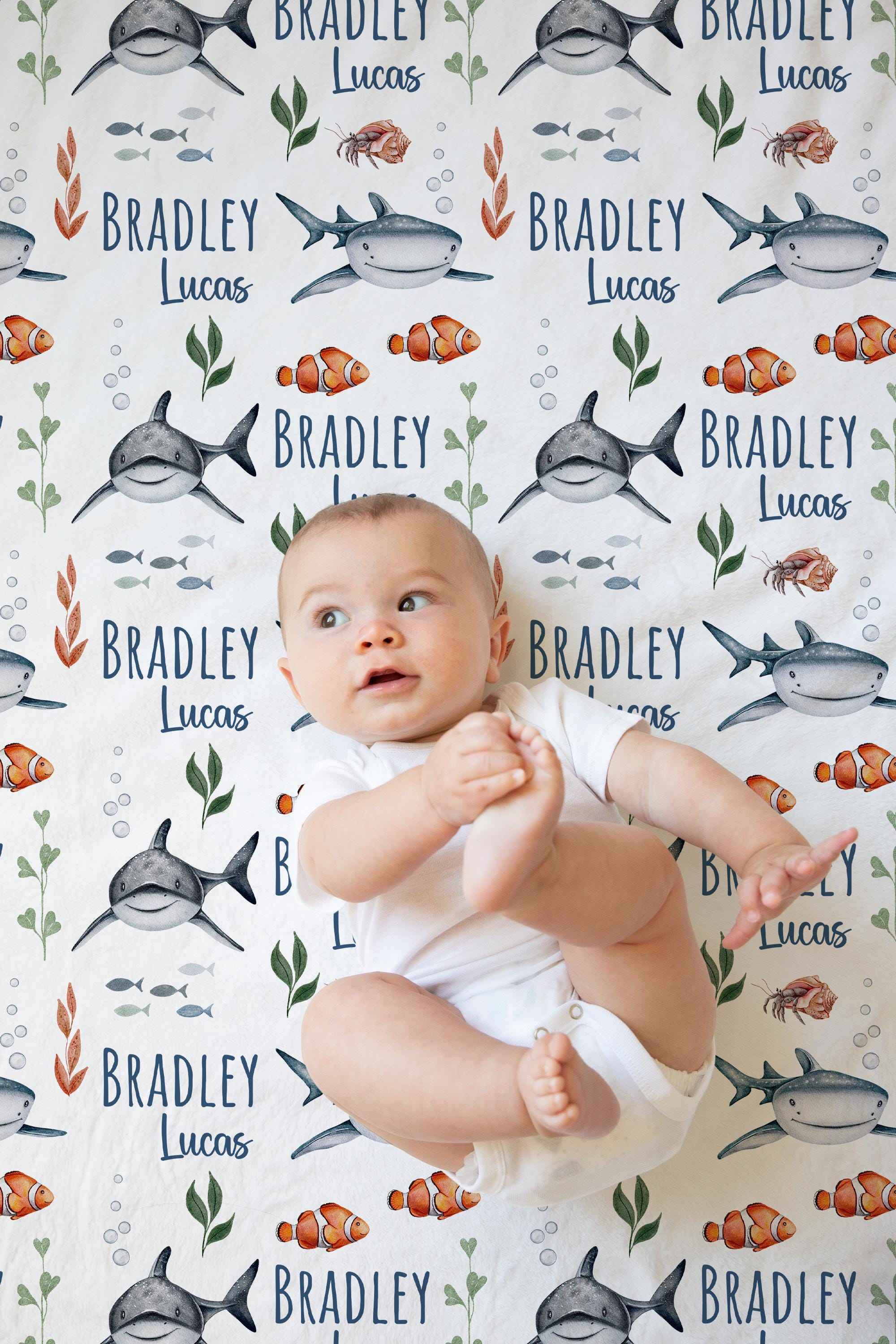 Personalized Sharks Baby Name Blanket, Custom Ocean Swaddle Blanket ...