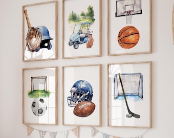 Set of 6 Watercolor Sports Gallery Wall Art, Football Baseball Basketball Hockey Soccer Golf Decor, Nursery Sports Prints, Sports Lover Gift
