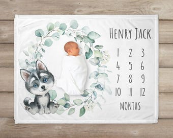 Personalized Husky Milestone Blanket, Dog Month Blanket, Monthly Growth Tracker, Dog Owner Gift, New Baby Boy Baby Shower Gift, Child Puppy,