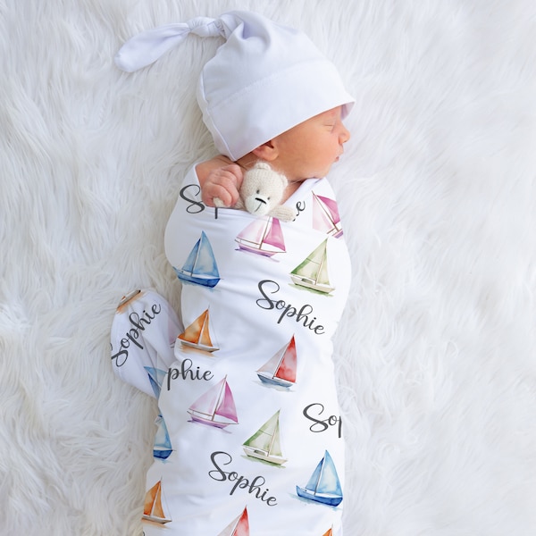 Baby Girl Sailboat Swaddle Blanket, Sailboats Name Blanket, Personalized Receiving Blanket, Hospital Blanket, Baby Shower Gift, Keepsake,