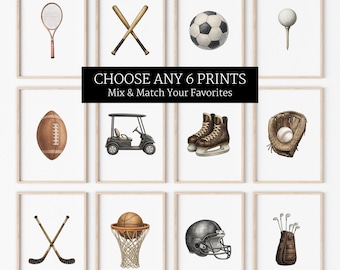 May include: A collection of twelve framed art prints featuring various sports equipment including a tennis racket, baseball bats, soccer ball, golf ball, football, golf cart, ice skates, baseball glove, hockey sticks, basketball, helmet, and golf bag.