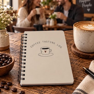 May include: A spiral-bound notebook with a light beige cover featuring the text COFFEE TASTING LOG and a simple line drawing of a coffee cup with a small heart on the front. The notebook is positioned on a dark wooden surface with coffee beans.