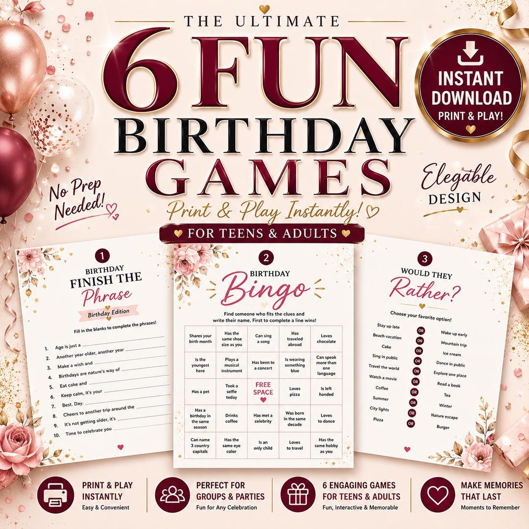Birthday Party Games Bundle for Teens Adults | 6 Printable Birthday
