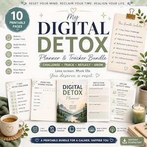 Può includere: Un pacchetto di pianificatore e tracker per il digital detox con 10 pagine stampabili. Il design include testo come My Digital Detox Planner & Tracker Bundle, 7-Day Detox Challenge e Offline Activity Ideas, con illustrazioni di paesaggi montani.