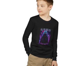 Cyberpunk Girl hoodie illustration Youth Jersey Long Sleeve Tee | Neon City Japanese text