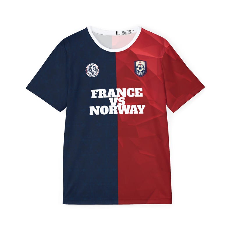Frankreich gegen Norwegen Fußballtrikot | Rot Marine Split Team Shirt Bild 2