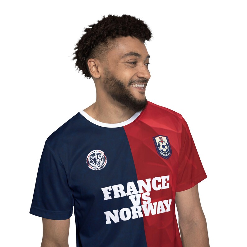 Frankreich gegen Norwegen Fußballtrikot | Rot Marine Split Team Shirt Bild 7