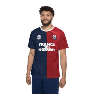 Frankreich gegen Norwegen Fußballtrikot | Rot Marine Split Team Shirt Bild 5