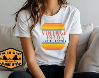Vintage 1970's Sunset Stripe Tee, Distressed Block Letters, Limited Edition Cotton T-Shirt