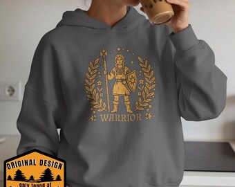 Folk Art Warrior Woman Hoodie, Empowered Strength Gift, Cozy Boho Pullover