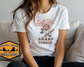 Soft Girl Sharp Tongue Shirt, Rose Dagger Tattoo Graphic Tee Women, Sassy Gift for Her, Feminine Edgy T-Shirt, Tattoo Style Tee