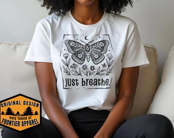 Boho Moth Celestial Graphic Tee, Just Breathe Mindful Wildflower Shirt (Airlume Cotton)