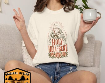 Holy and Hell-Bent Garment-Dyed Cotton Tee, Faith and Fire Graphic Shirt