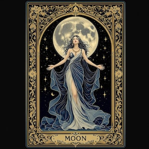 May include: A tarot card illustration featuring a woman in a flowing blue and white gown, arms outstretched before a full moon. The card is framed with gold floral designs and the word "MOON" at the bottom.