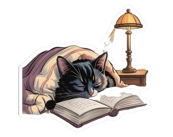 Cozy Black Cat Reading in Bed Kiss-Cut Sticker, Cottagecore Book Lover Decal, BookTok Cat Mom Gift, Reading Nook Decor