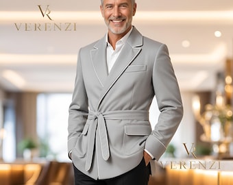 Light Grey Belted Suit Trauanzug Herren Costume Homme Mariage Piped Wrap Blazer Smoking Jacket Bespoke Silver Mens