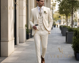 Ivory 3-Piece Suit Trauanzug Herren Costume Homme Mariage Bespoke Groom Outfit Cream Summer Wedding Menswear Formal Prom Slim 3-teilig Set