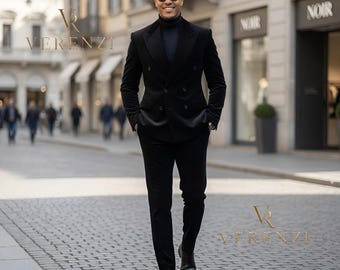 Black Velvet Double Breasted Suit Trauanzug Herren Costume Homme Mariage Winter Groom Outfit Prom Menswear Bespoke 2-Piece Wedding Set