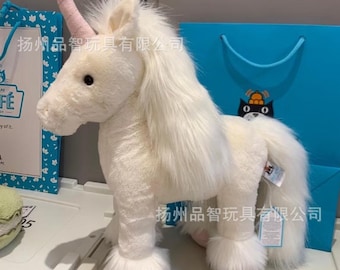 Peluche morbido a forma di cavallo unicorno, con criniera soffice, decorazione kawaii a tema animale.