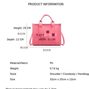 May include: A pink tote bag with a top handle and a detachable shoulder strap. The bag is 32 cm wide, 25 cm high, and 12 cm deep. The bag has the text "TOT MARC" printed on the front.