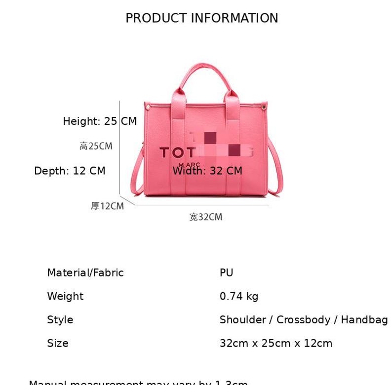 May include: A pink tote bag with a top handle and a detachable shoulder strap. The bag is 32 cm wide, 25 cm high, and 12 cm deep. The bag has the text "TOT MARC" printed on the front.
